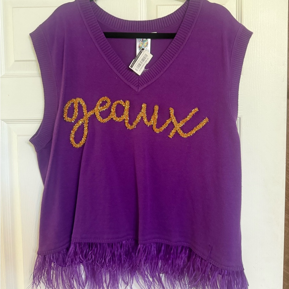 QUEEN OF SPARKLES LSU Purple V-Neck Tank with Gold Script and Fringe Detail